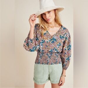 Maeve by Anthropologie Odette Smocked Floral Blouse - Purple/Blue - Size Small